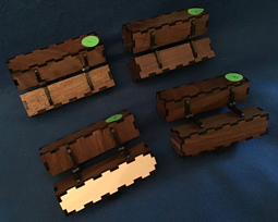 bookmatched walnut mini boxes with torquoise and 3d printed latches and hinges back